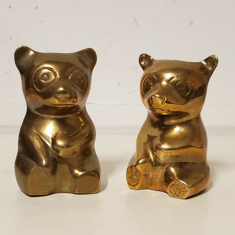 Brass Panda Bear Cubs Figurines Paperweights Miniature Statues 4" Vintage